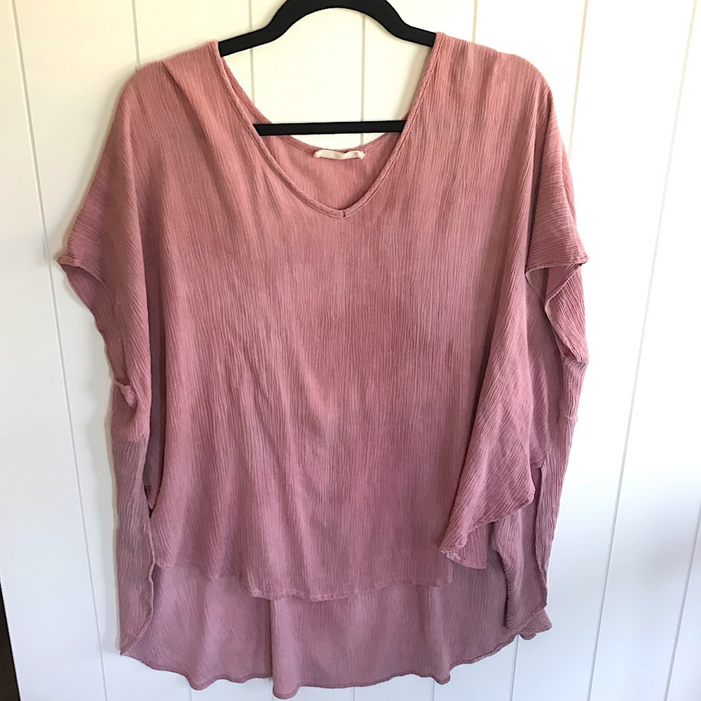 O/S pink mauve short sleeve tunic shirt, high low women’s shirt